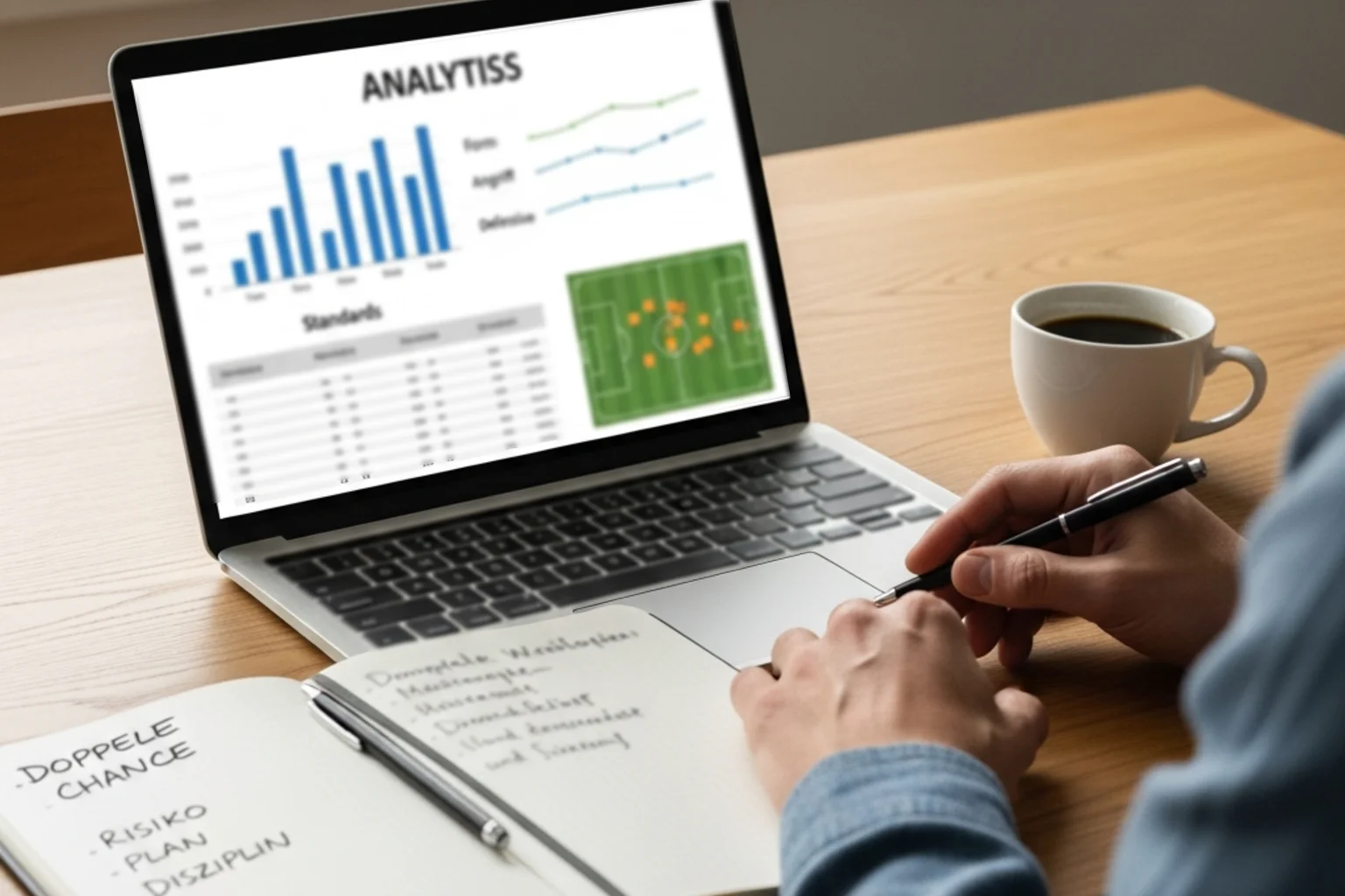 Sportanalyst studiert Fussballstatistiken auf einem Laptop