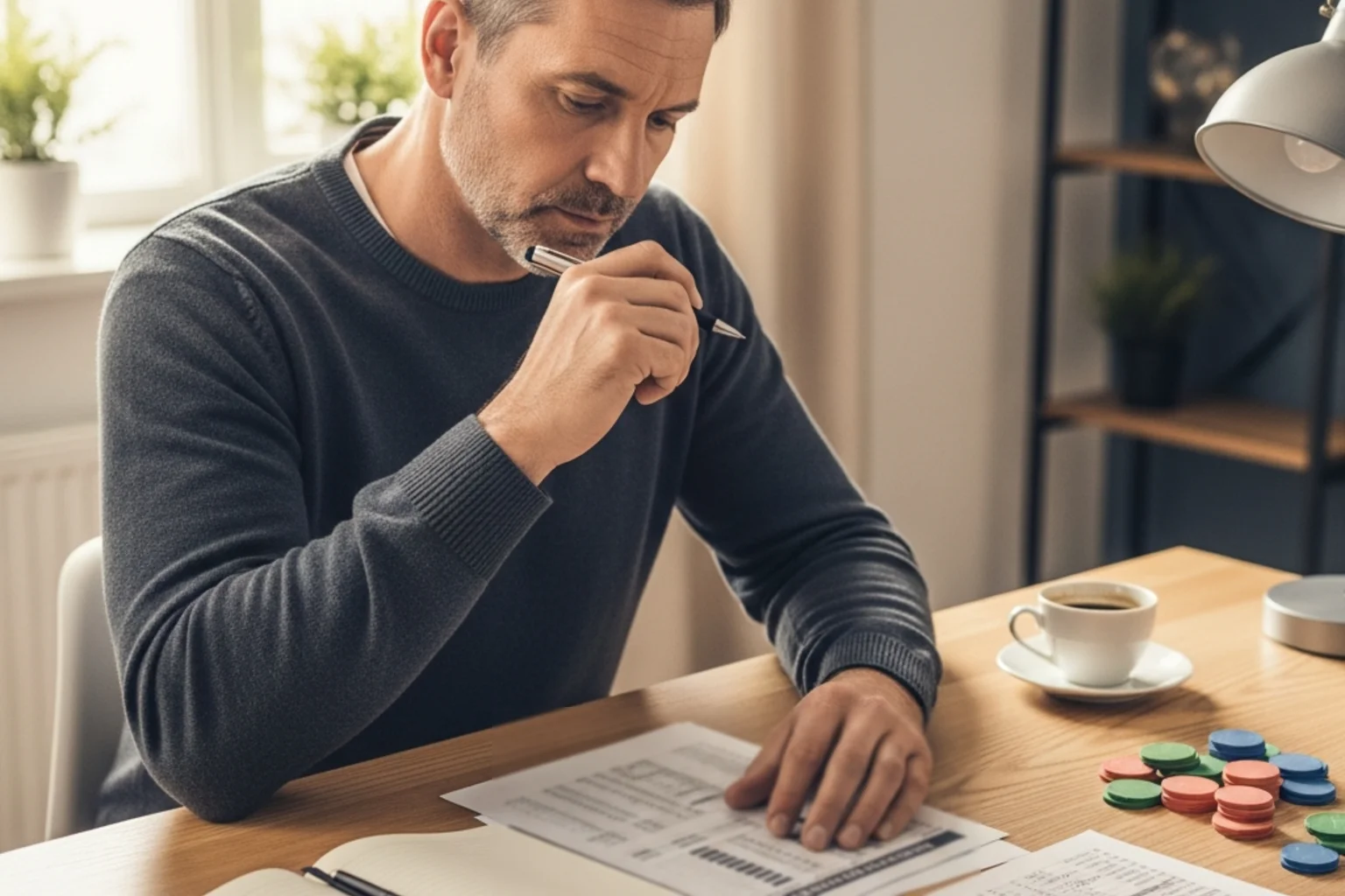 Fokussierter Mann analysiert Sportwetten-Statistiken am Schreibtisch