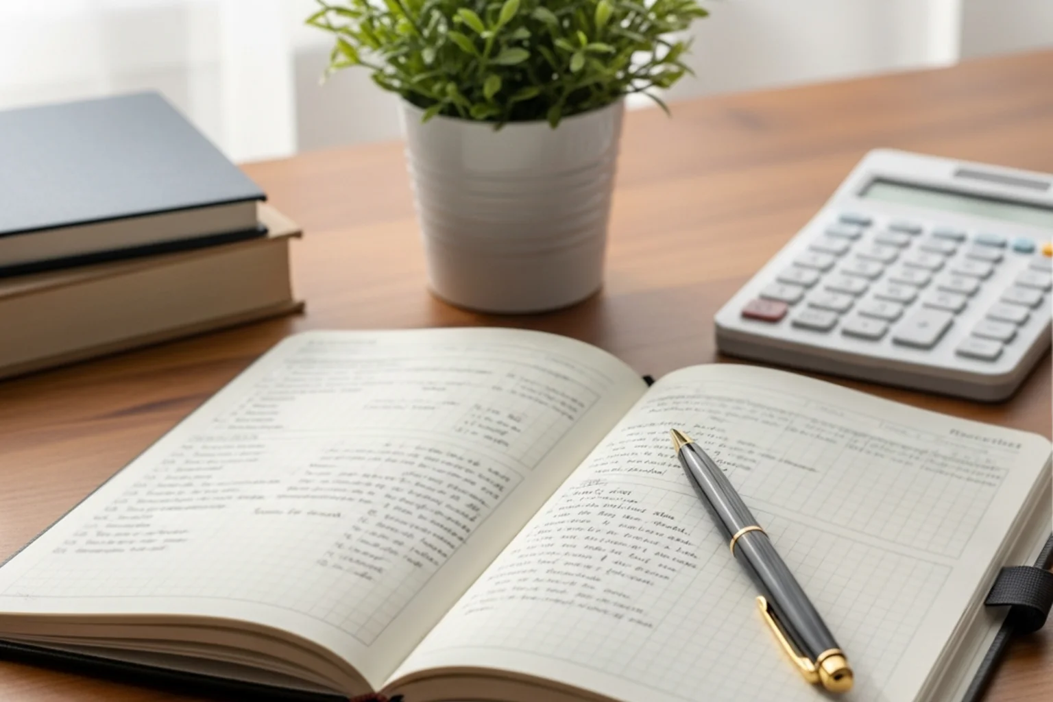 Organisierter Arbeitsplatz mit Notizbuch und Stift für Finanzplanung