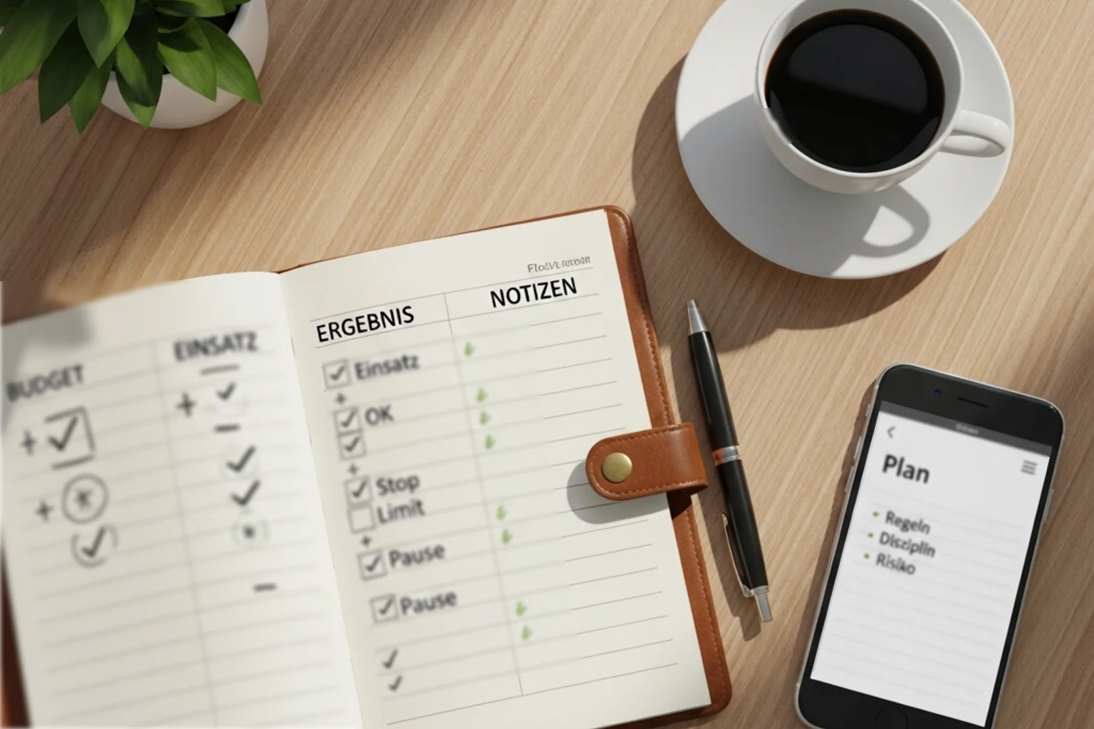 Notizbuch mit Stift und Notizen zur Budgetplanung für Sportwetten