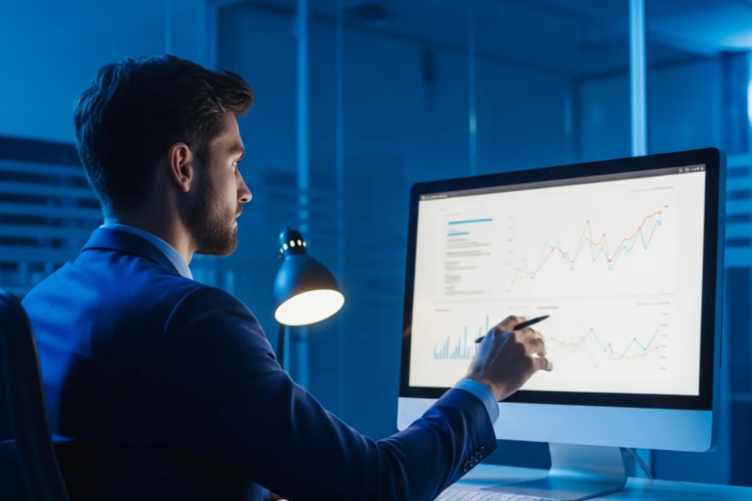 Geschäftsmann im Büro analysiert Wettdaten auf einem Bildschirm