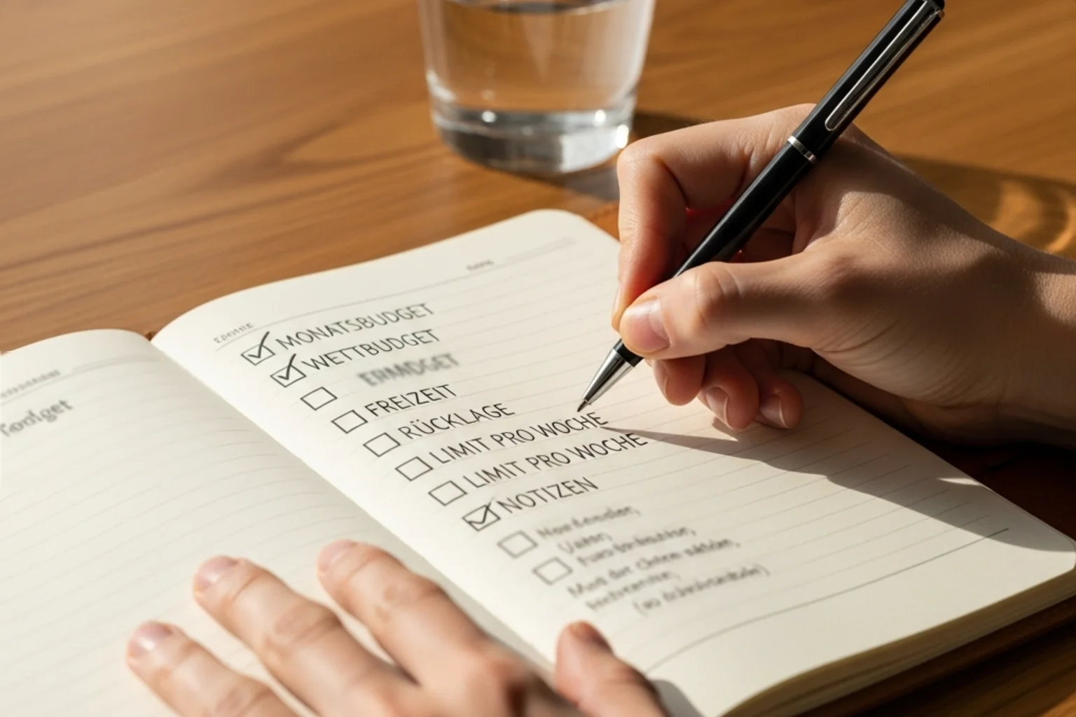 Person plant Budget mit Notizbuch und Stift