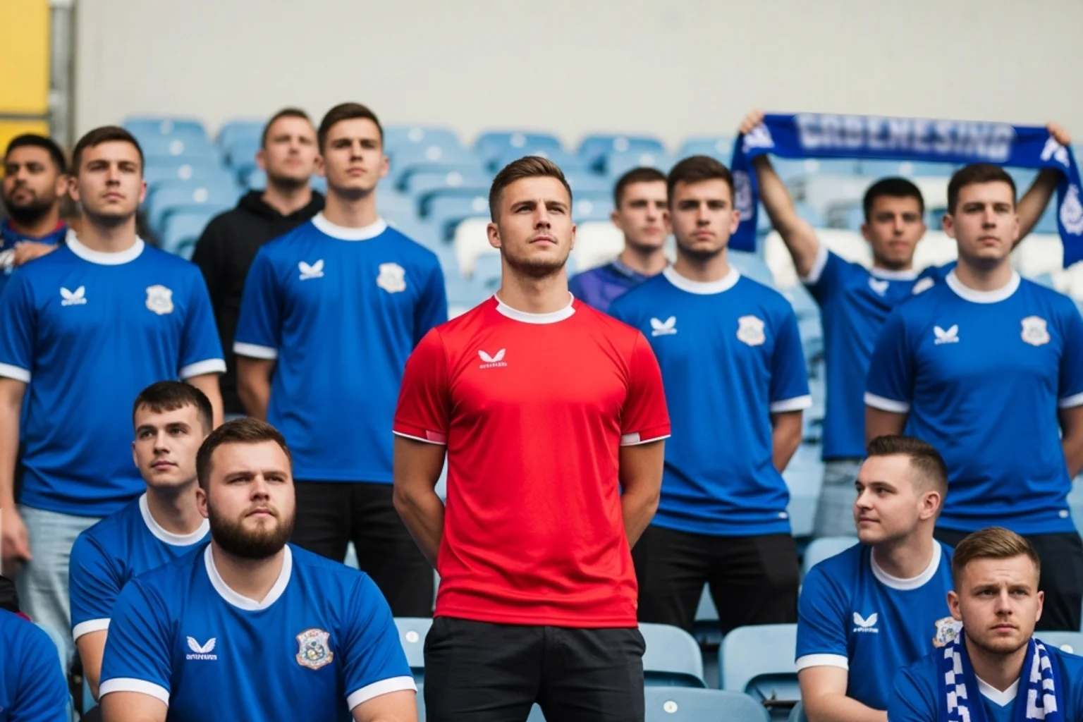 Einzelner Fan im Stadion mit andersfarbigem Trikot als die Mehrheit