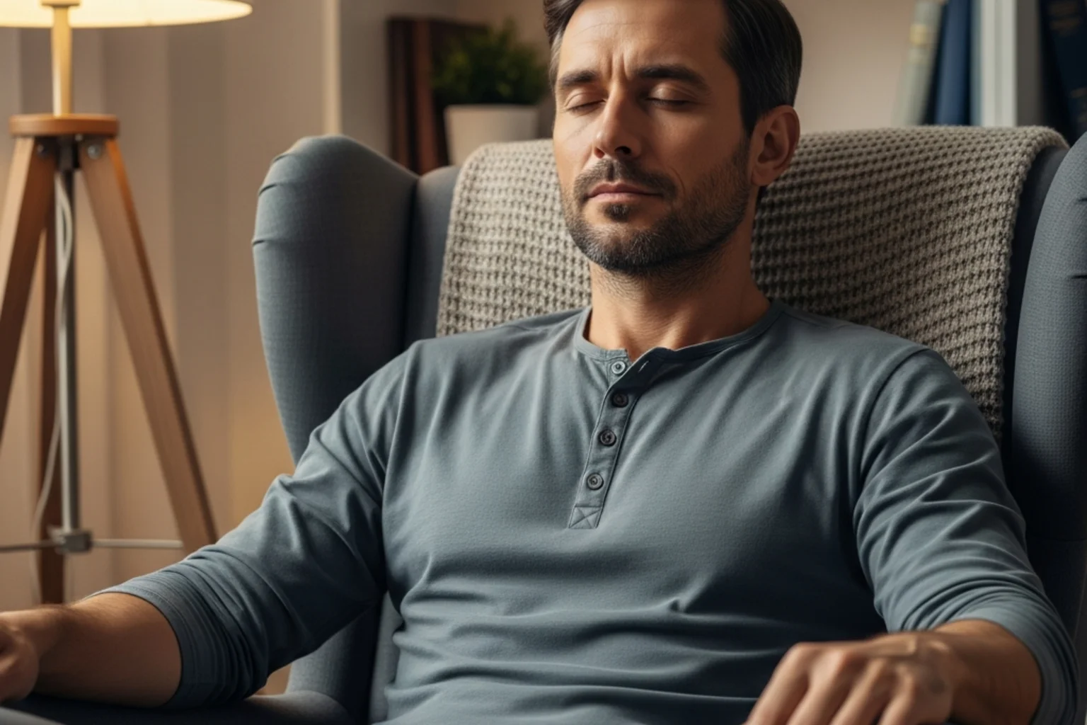 Nachdenklicher Mann mit geschlossenen Augen übt Selbstkontrolle