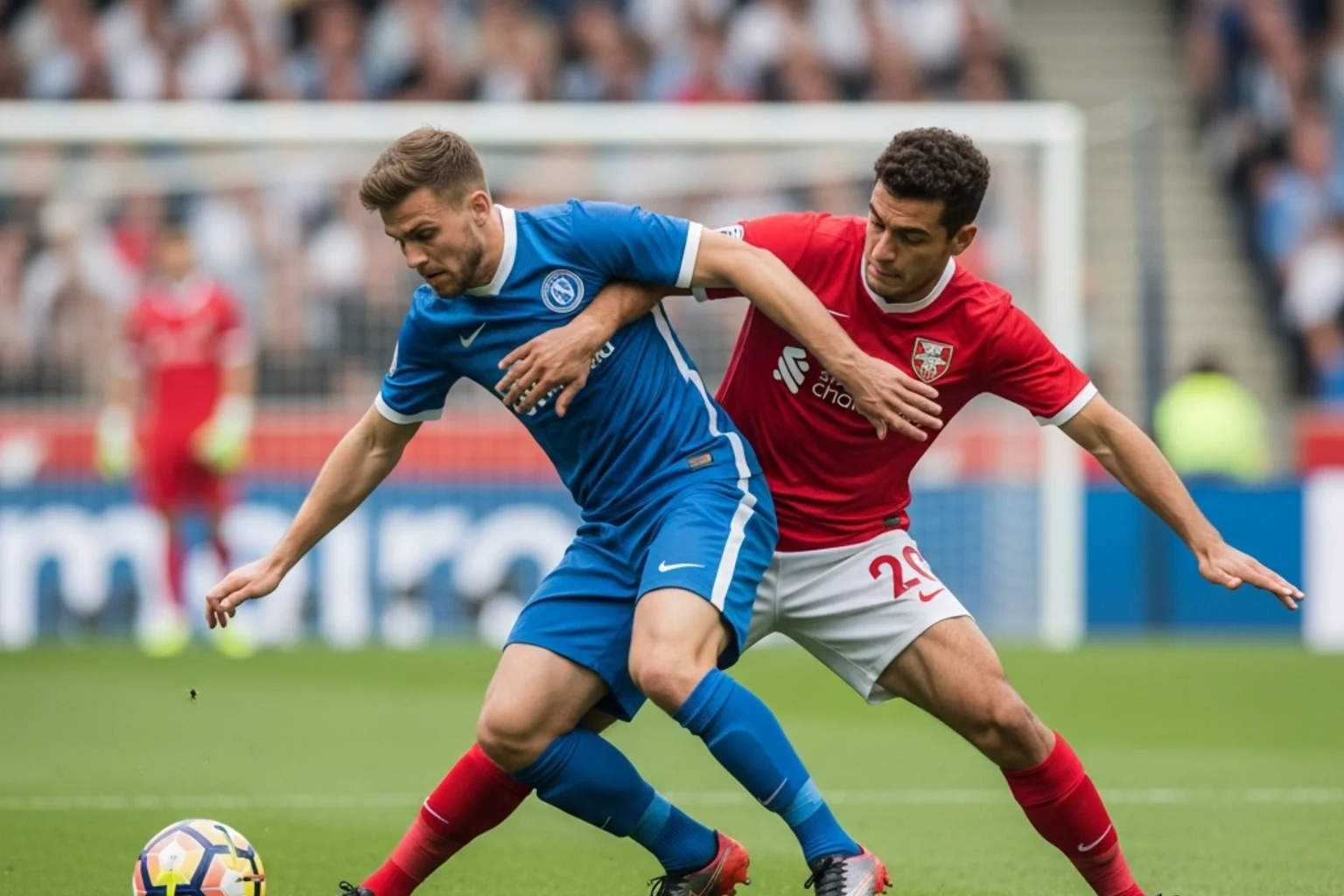 Zwei Fussballspieler im Zweikampf auf dem Rasen