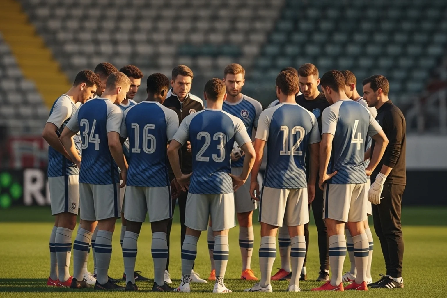 Fussballmannschaft während der Halbzeitpause auf dem Spielfeld