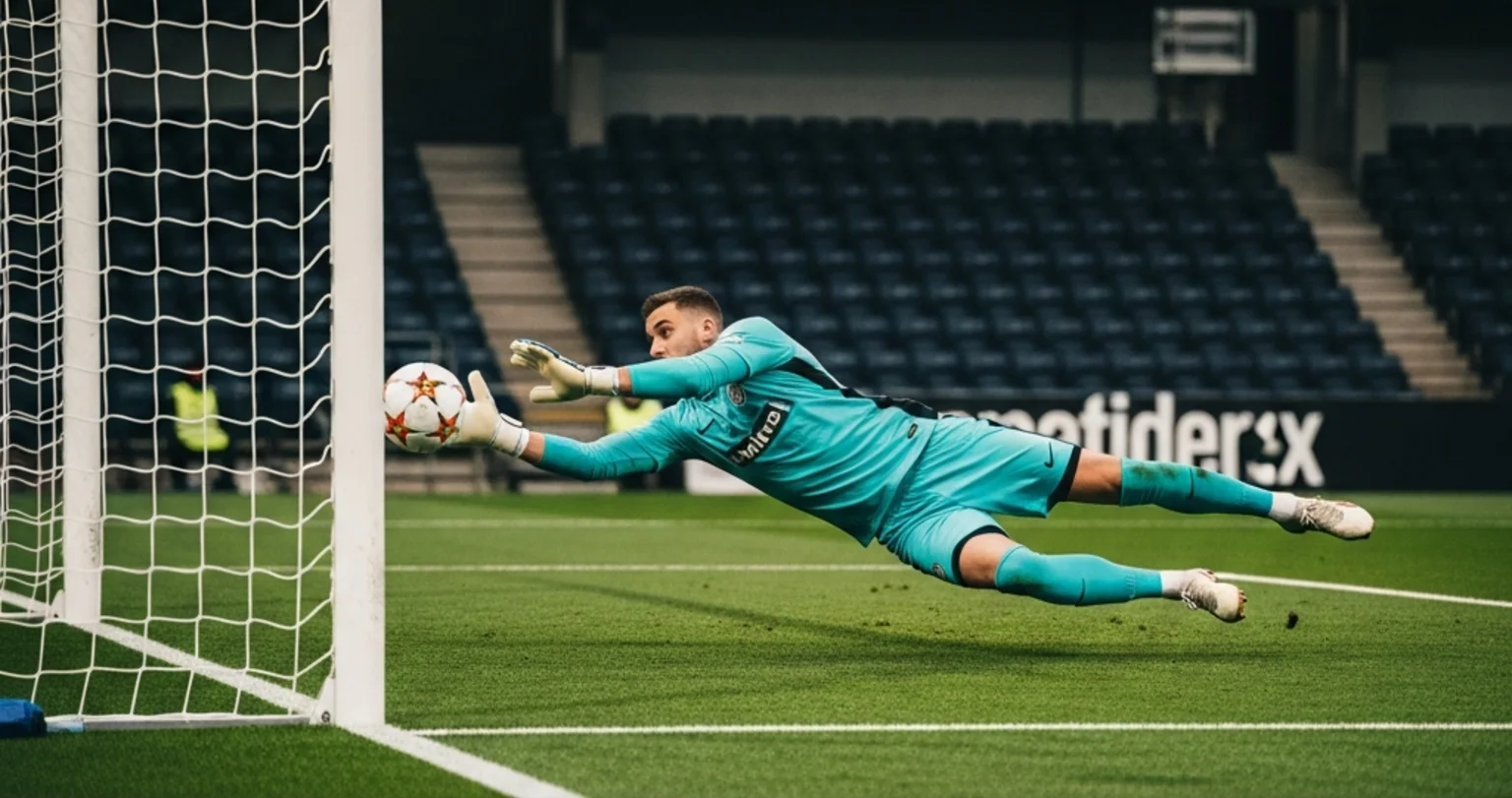 Torwart springt nach dem Ball vor dem Tor auf einem Fussballplatz