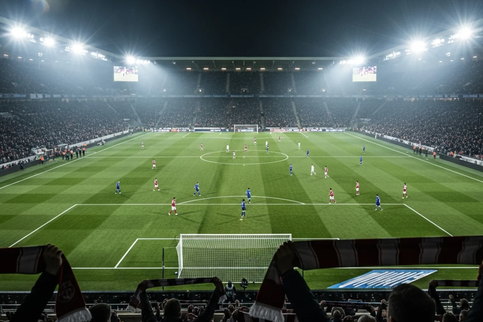 Fussballstadion bei Flutlicht mit Fans auf den Rängen