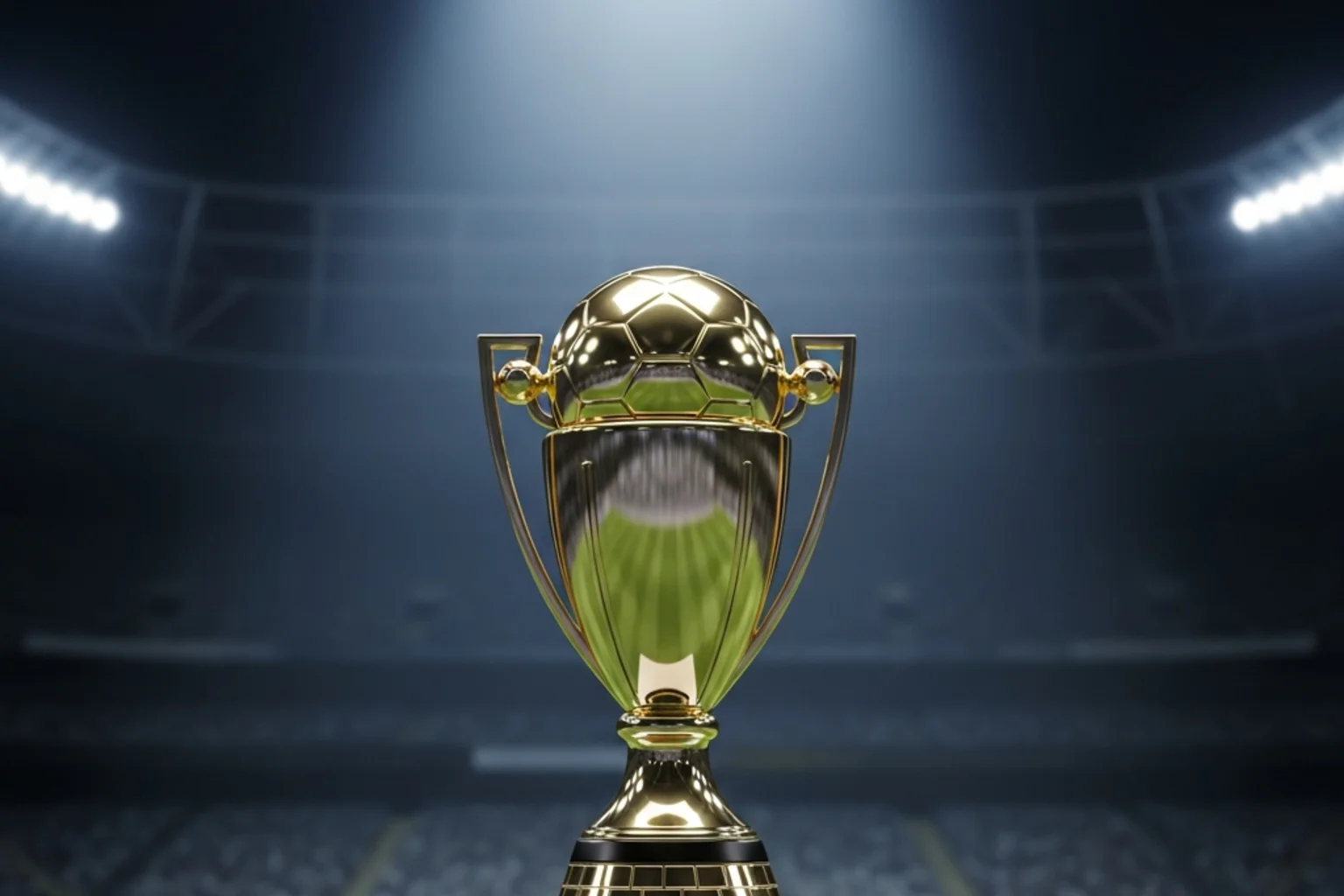 Pokal-Trophäe auf einem Sockel im Stadion