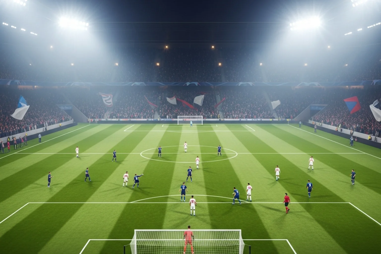 Spannende Szene eines Fussballspiels im Stadion bei Flutlicht