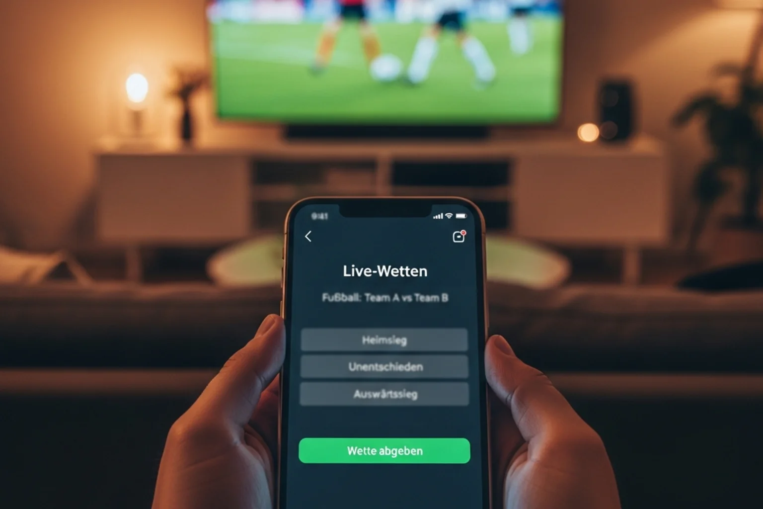 Fan verfolgt ein Fussballspiel live auf dem Smartphone