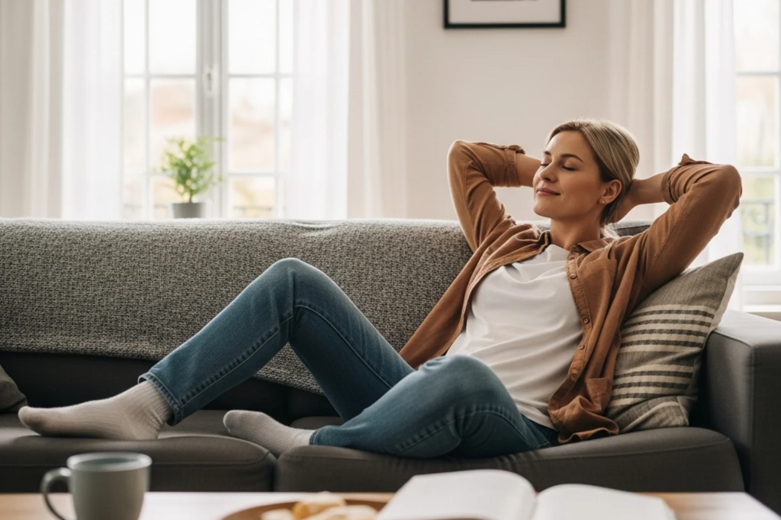 Entspannte Person macht eine Pause auf dem Sofa zu Hause