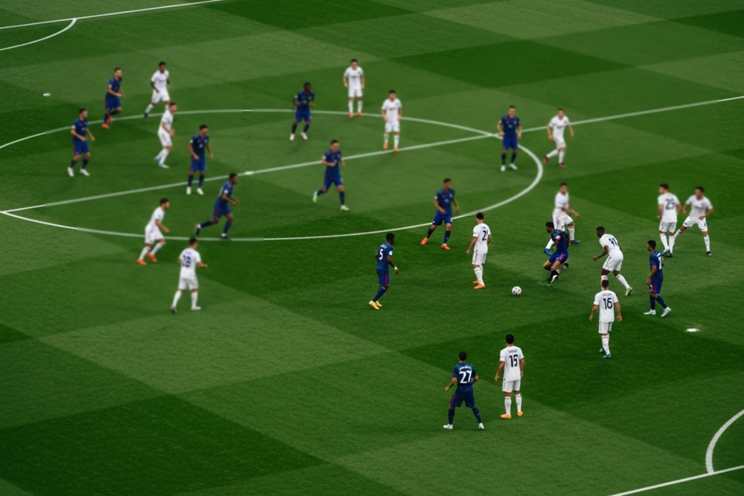 Vogelperspektive auf ein Fussballfeld während eines Spiels