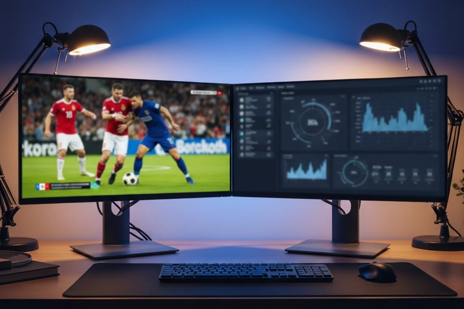 Moderner Arbeitsplatz mit zwei Bildschirmen zeigt Sportübertragung