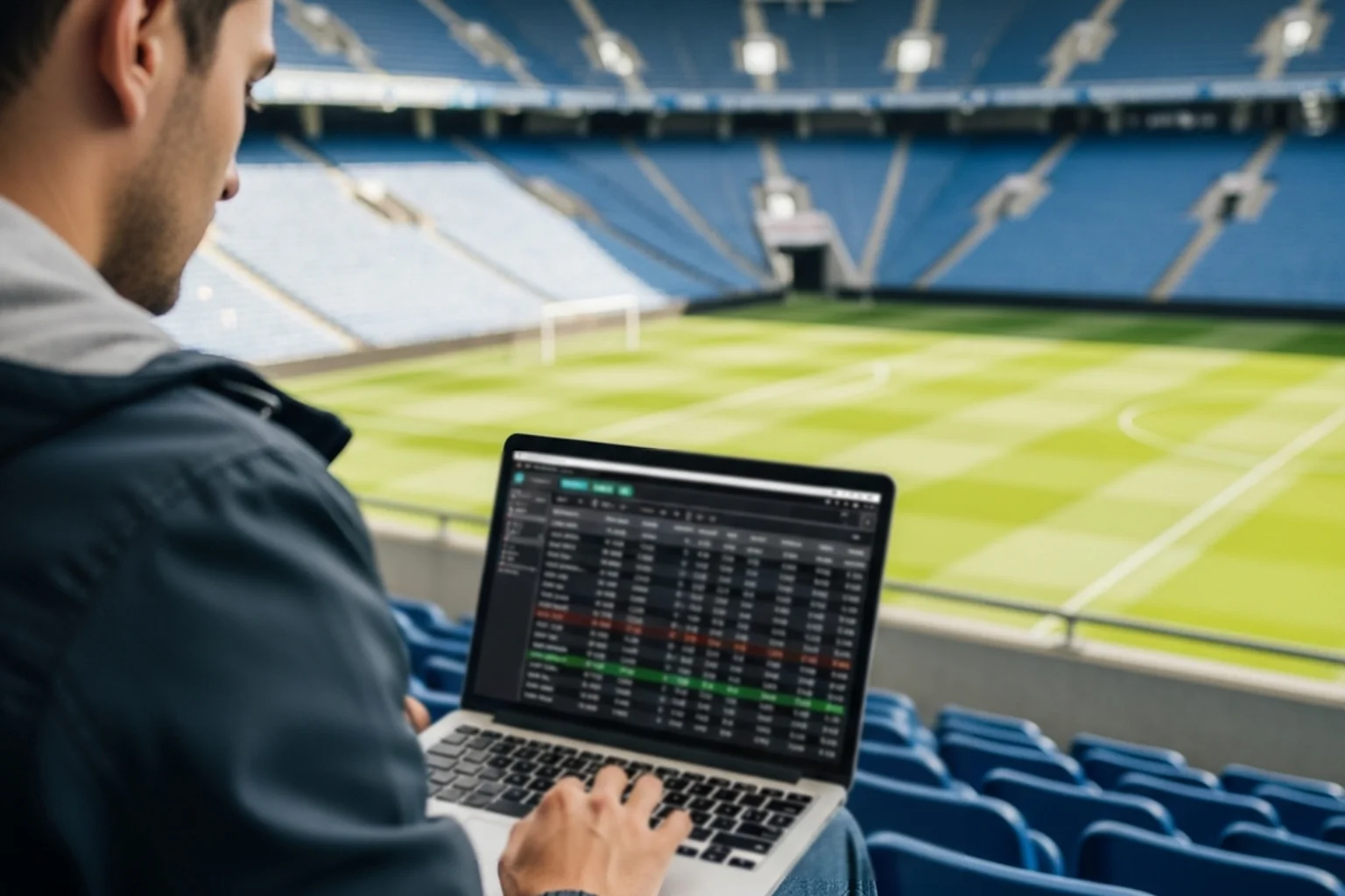 Fussballfan analysiert Wettquoten auf einem Laptop im Stadion