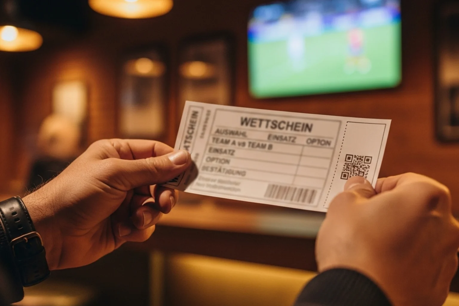Person hält einen Wettschein in der Hand vor einem Fussballspiel