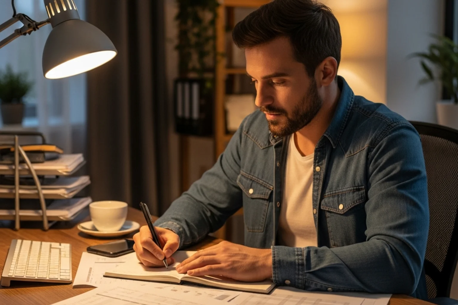 Konzentrierter Mann analysiert Fussballstatistiken am Schreibtisch